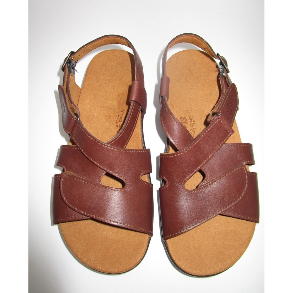 SAS Huggy Brown Leather Cross Strap Sandals Womens 9W Comfort Casual